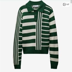 ISO {Zara} Striped Green and Cream Knit Polo Sweater | Size L